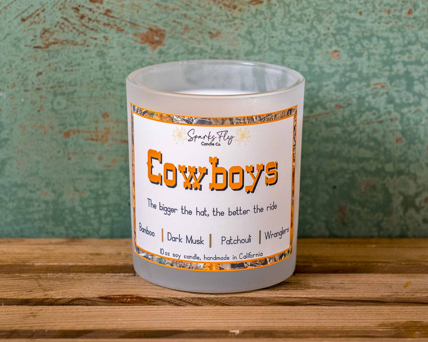cowboy soy candle with crackling wooden wick, essential oils
