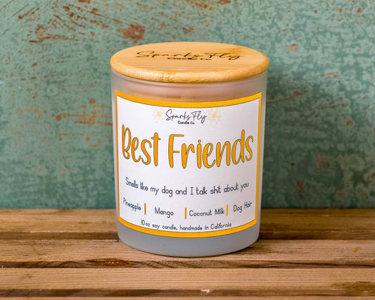 Best Friend sassy candle; playful design hinting at dog-talks with humorous undertone