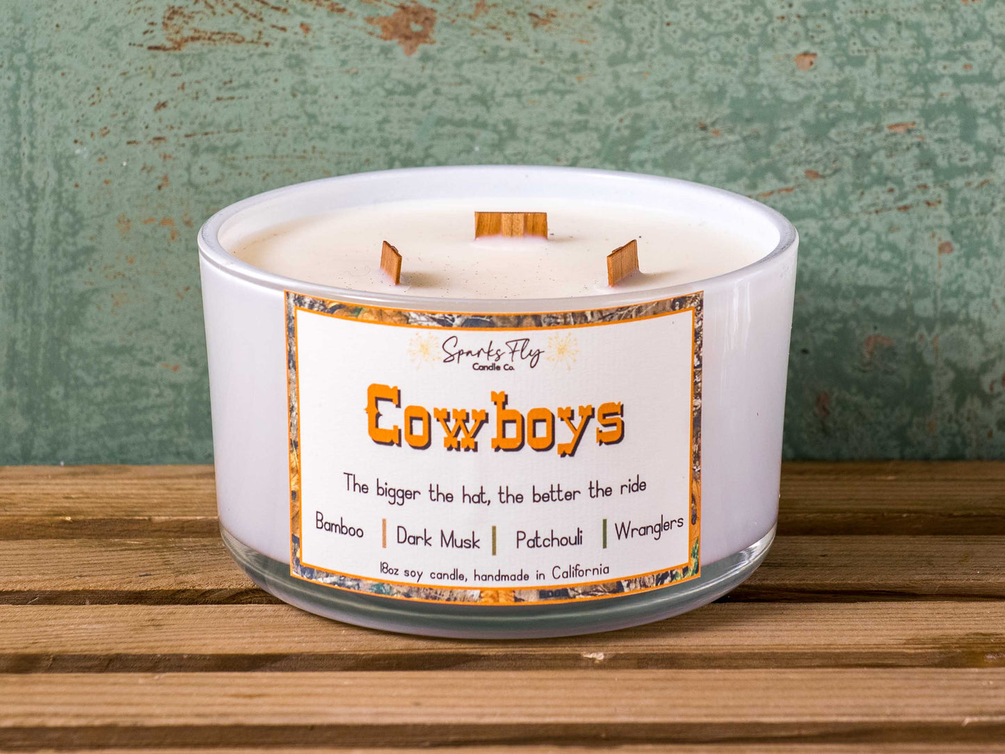 cowboy soy candle with three crackling wooden wicks, essential oils 18oz