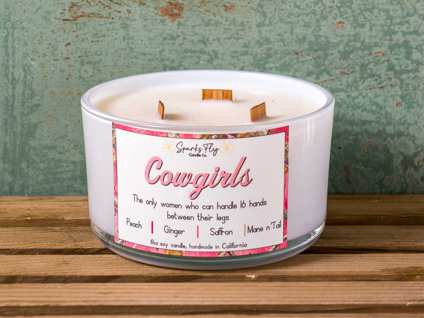 cowgirl soy candle with three crackling wooden wicks, essential oils 18oz