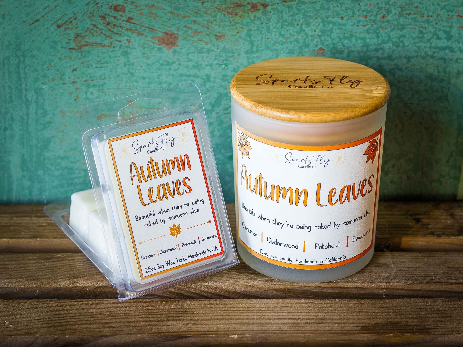 Autumn Leaves sassy candle; celebrates the beauty of fall foliage best enjoyed when raked by others, satire