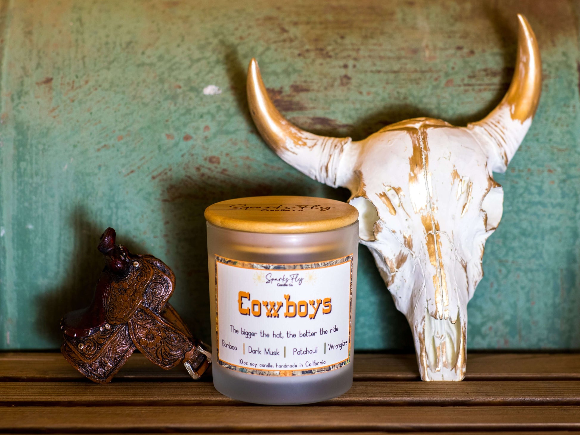 cowboy soy candle with crackling wooden wick, essential oils
