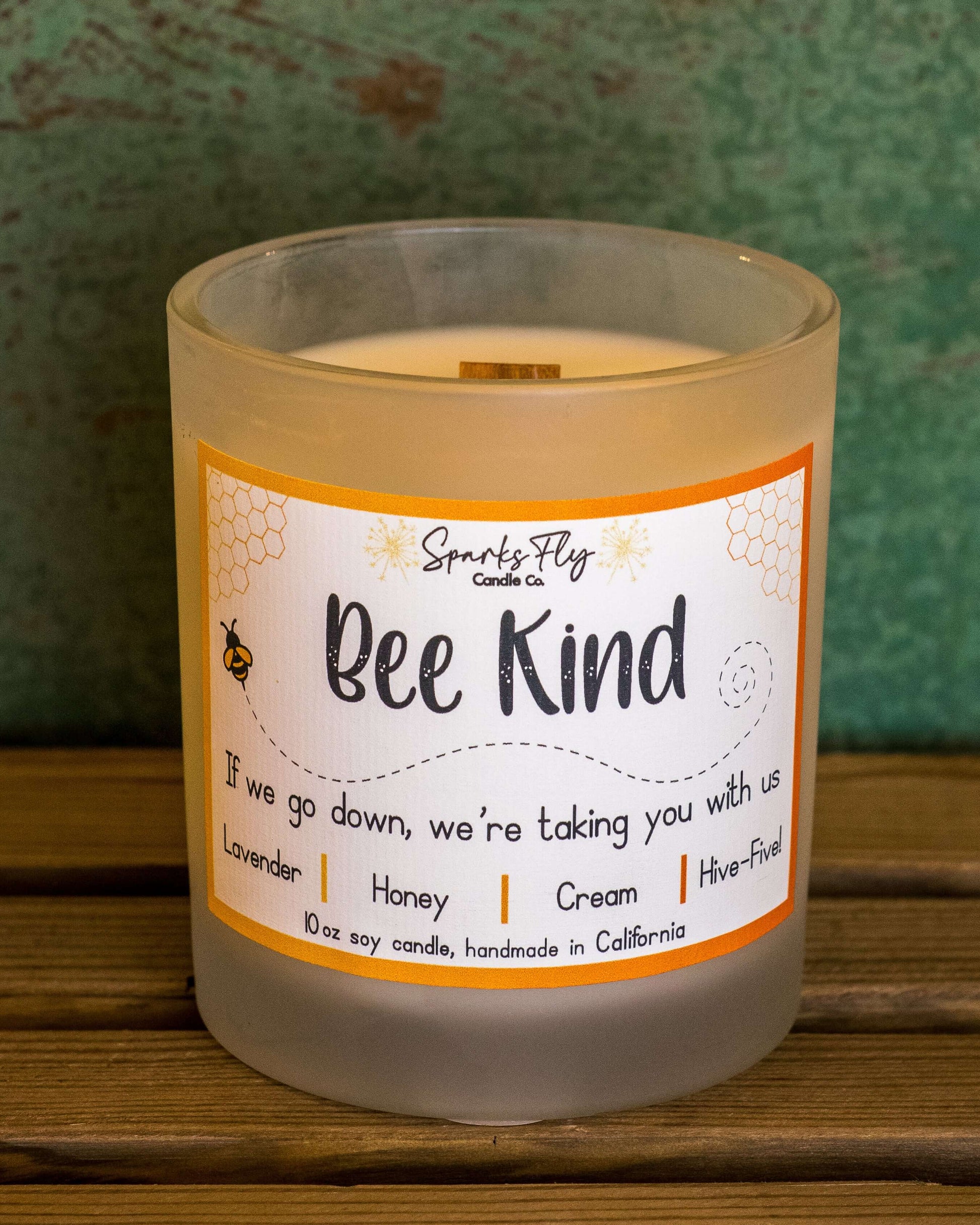 Bee Kind sassy candle; a playful reminder of the bees' importance with a cheeky message. satire