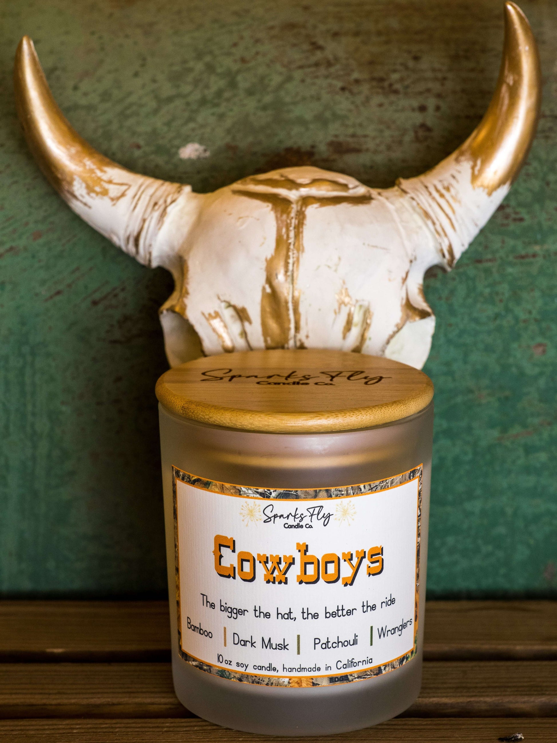 cowboy soy candle with crackling wooden wick, essential oils
