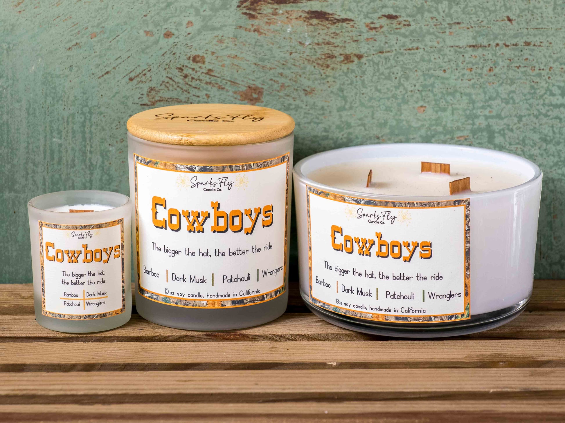cowboy soy candle with crackling wooden wick, essential oils the bigger the hat, the better the ride