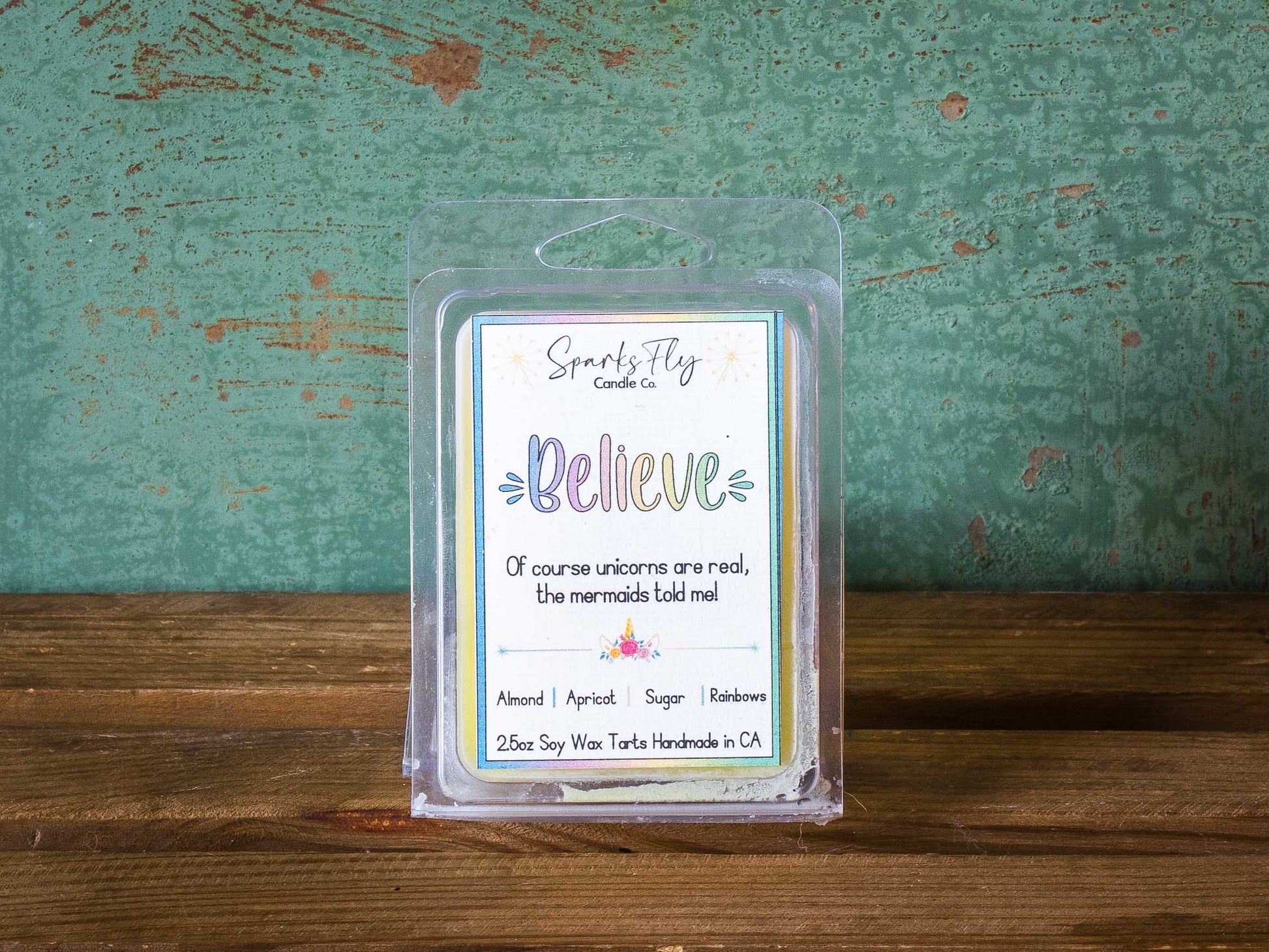 Believe sassy candle; whimsical design with unicorns and mermaid quote