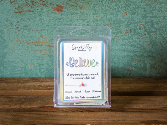 Believe sassy candle; whimsical design with unicorns and mermaid quote