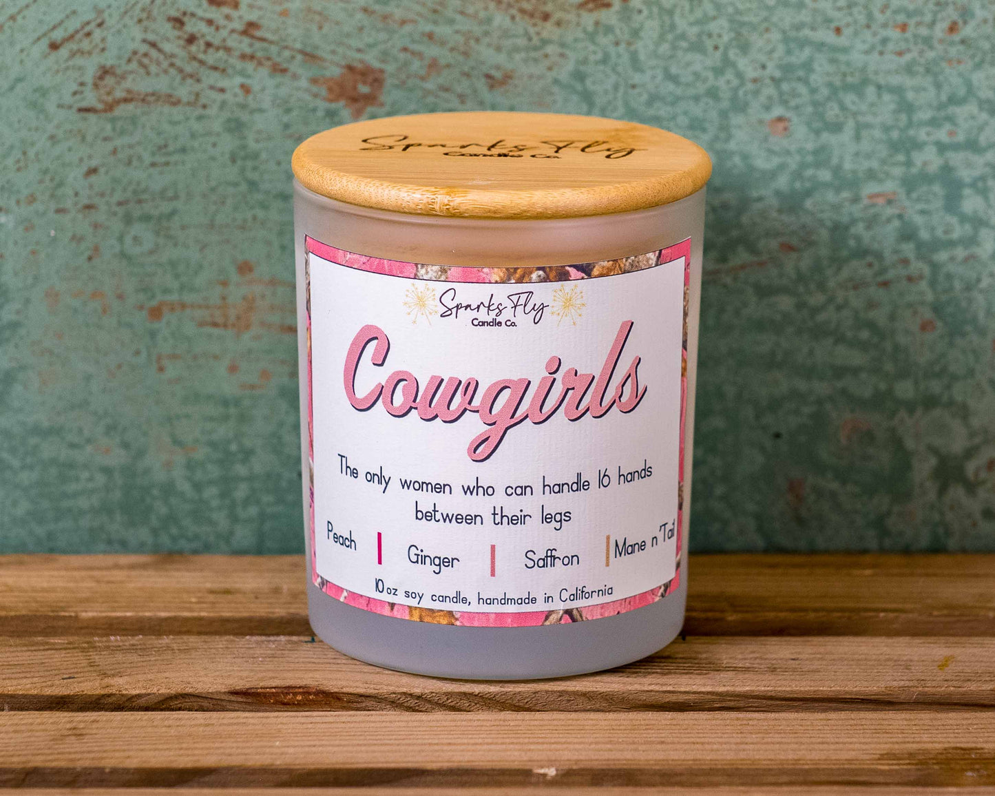 cowgirl soy candle with crackling wooden wick, essential oils bamboo lid