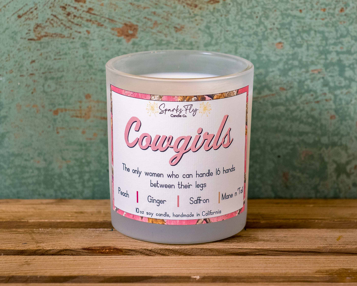 cowgirl soy candle with crackling wooden wick, essential oils