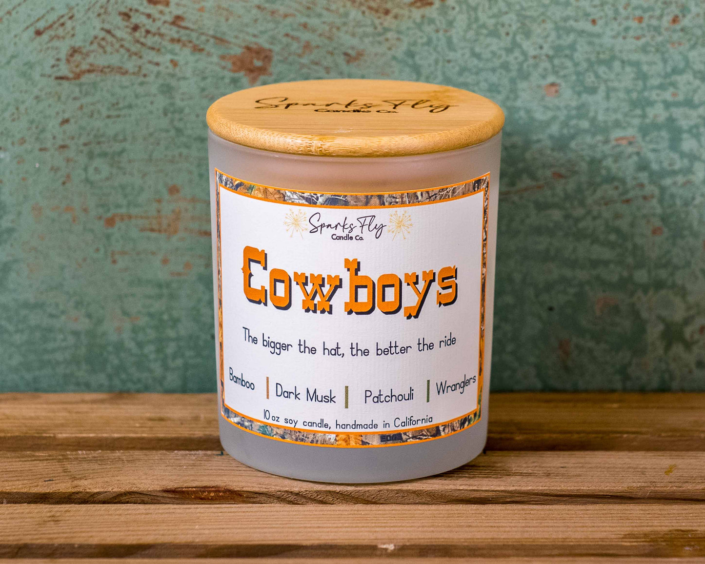 cowboy soy candle with crackling wooden wick, essential oils, bamboo lid