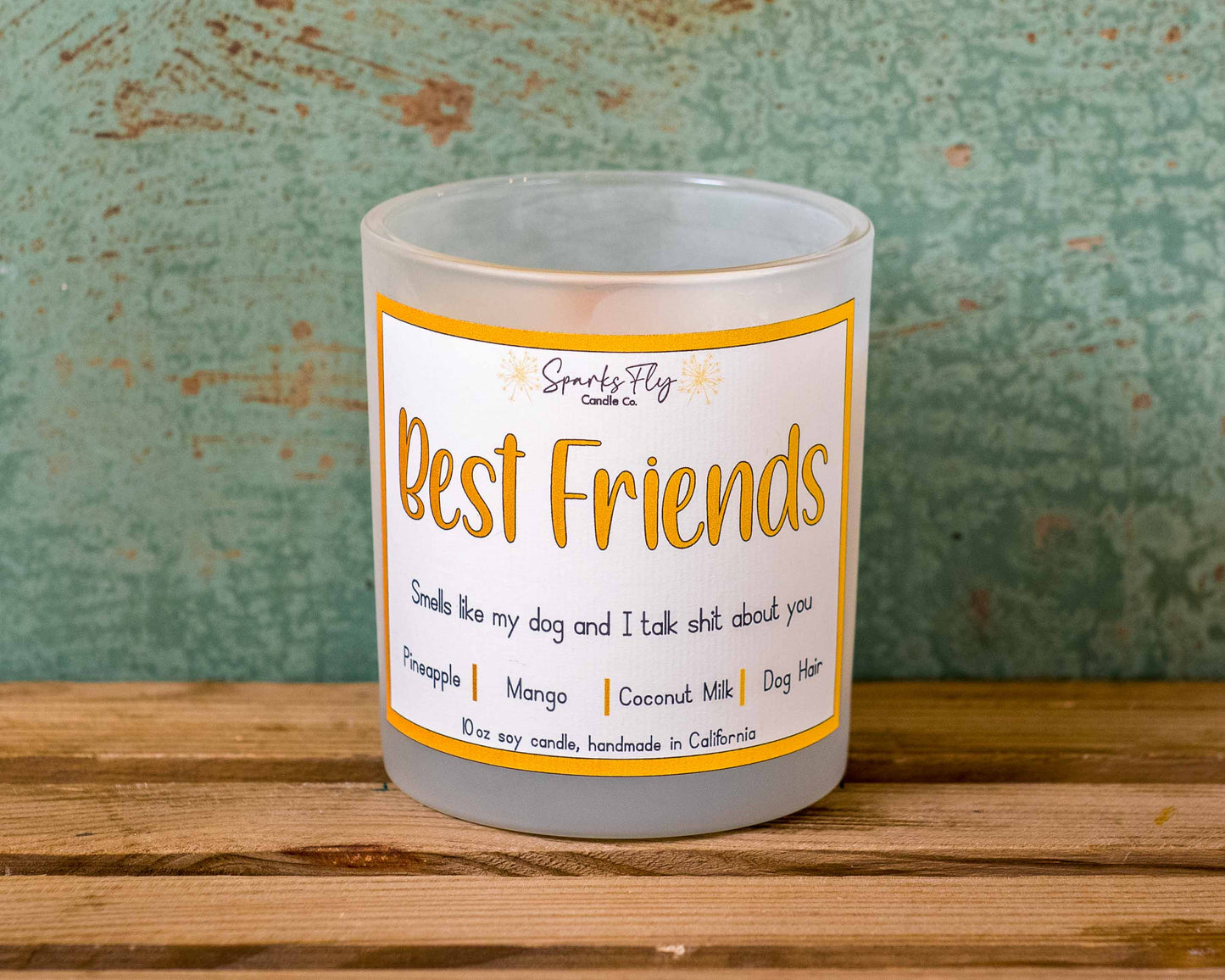 Best Friend sassy candle; playful design hinting at dog-talks with humorous undertone