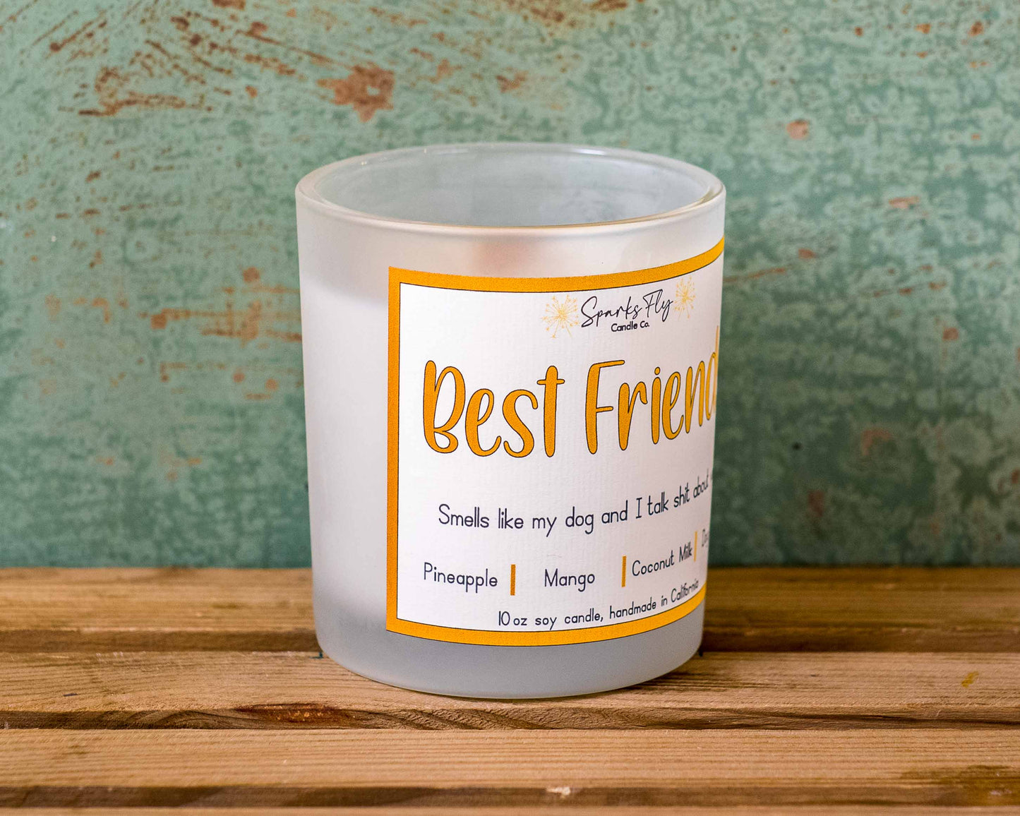 Best Friend sassy candle; playful design hinting at dog-talks with humorous undertone