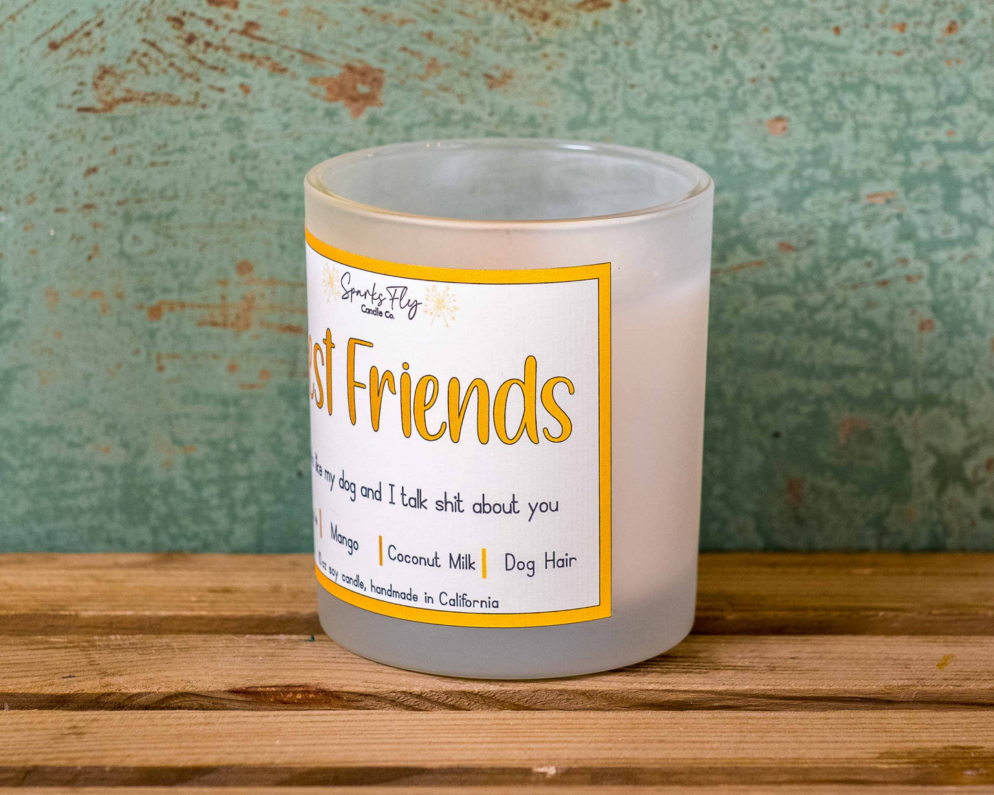 Best Friend sassy candle; playful design hinting at dog-talks with humorous undertone