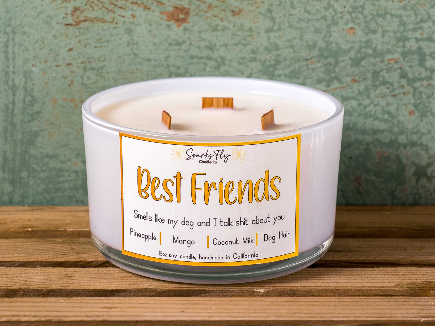 Best Friend sassy candle; playful design hinting at dog-talks with humorous undertone