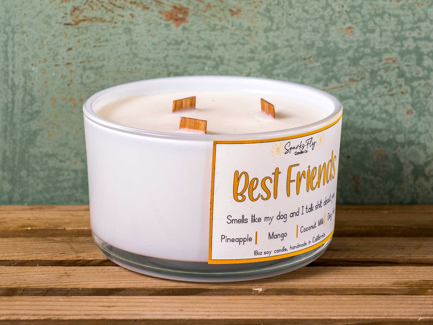 Best Friend sassy candle; playful design hinting at dog-talks with humorous undertone