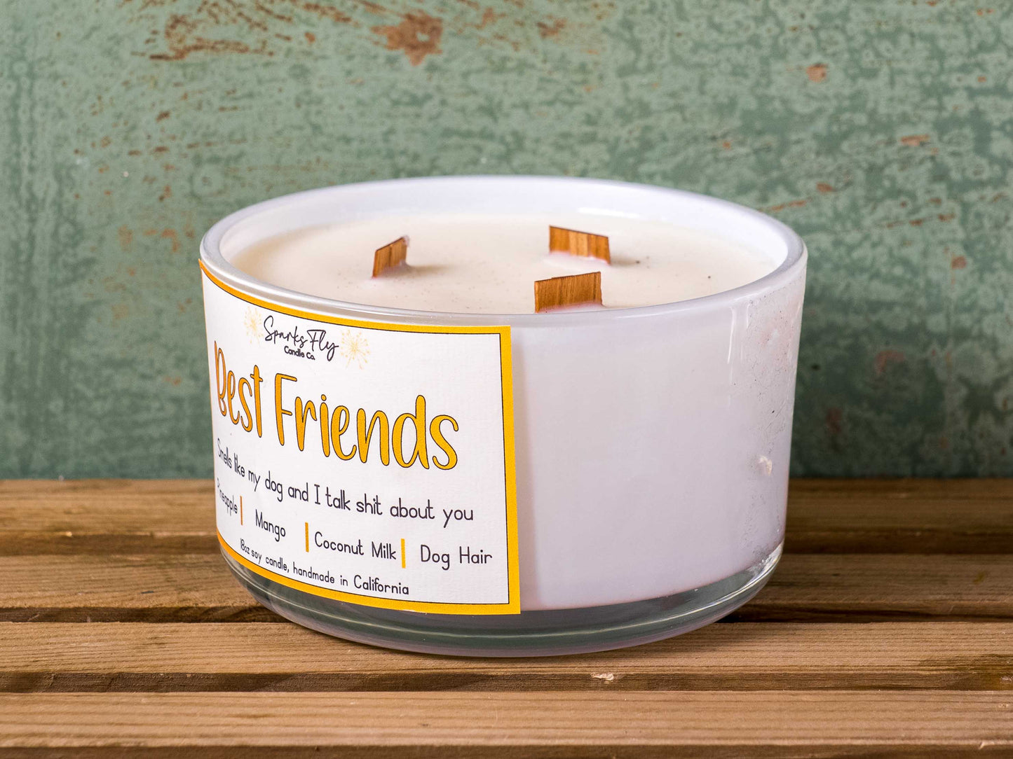 Best Friend sassy candle; playful design hinting at dog-talks with humorous undertone