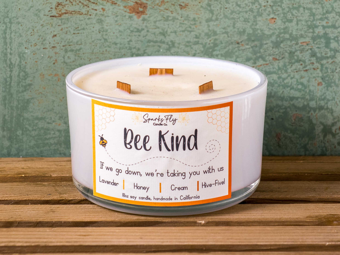 Bee Kind sassy candle; a playful reminder of the bees' importance with a cheeky message. satire