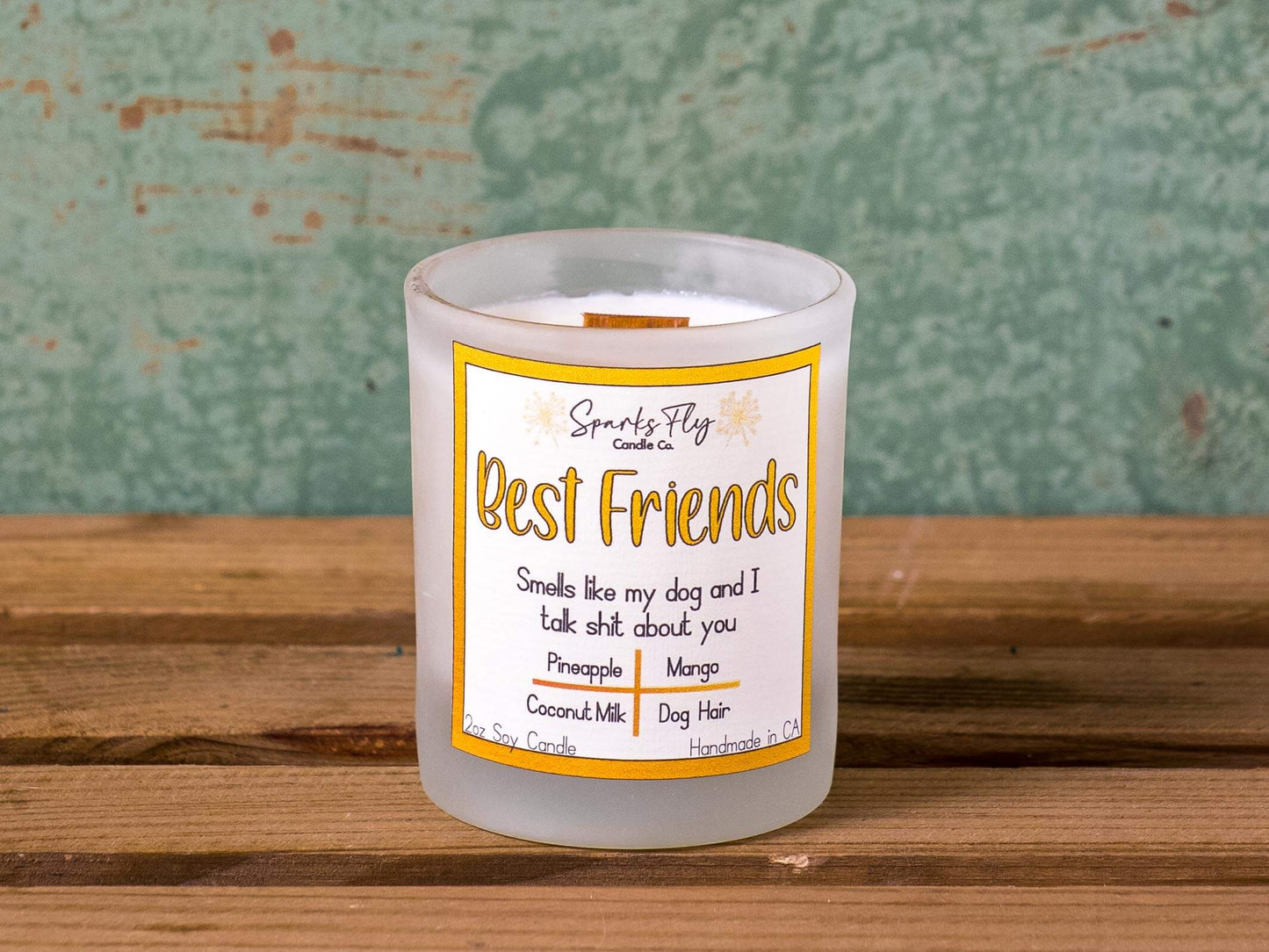 Best Friend sassy candle; playful design hinting at dog-talks with humorous undertone