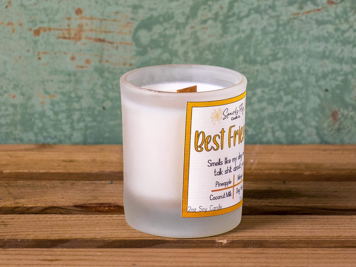 Best Friend sassy candle; playful design hinting at dog-talks with humorous undertone