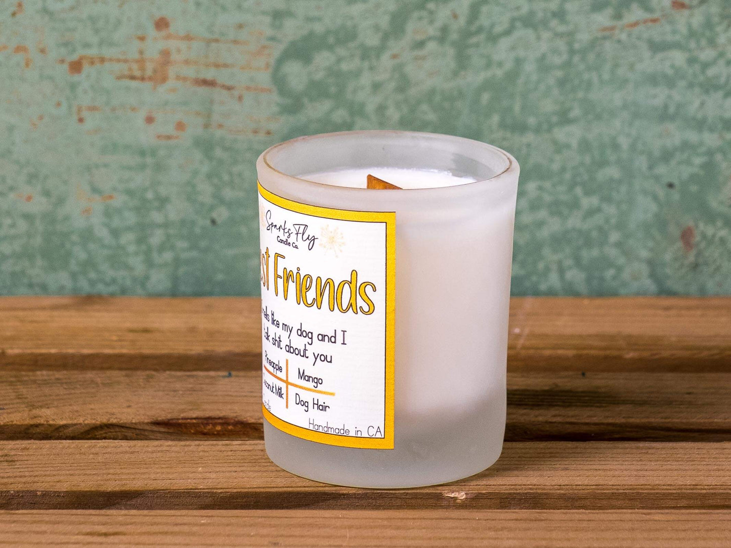 Best Friend sassy candle; playful design hinting at dog-talks with humorous undertone