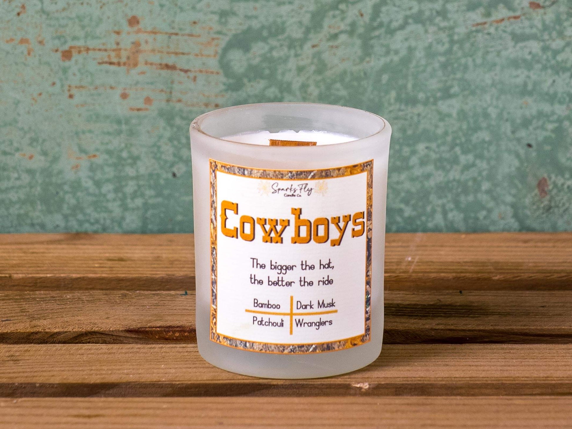 cowboy soy candle with crackling wooden wick, essential oils 2oz