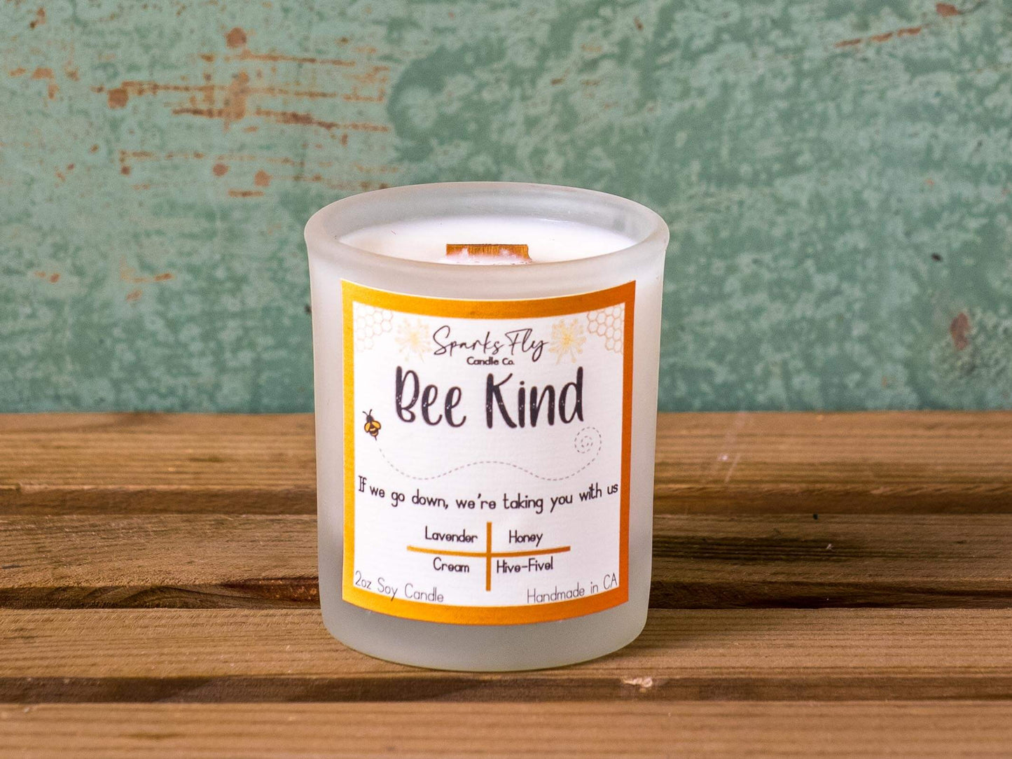 Bee Kind sassy candle; a playful reminder of the bees' importance with a cheeky message. satire