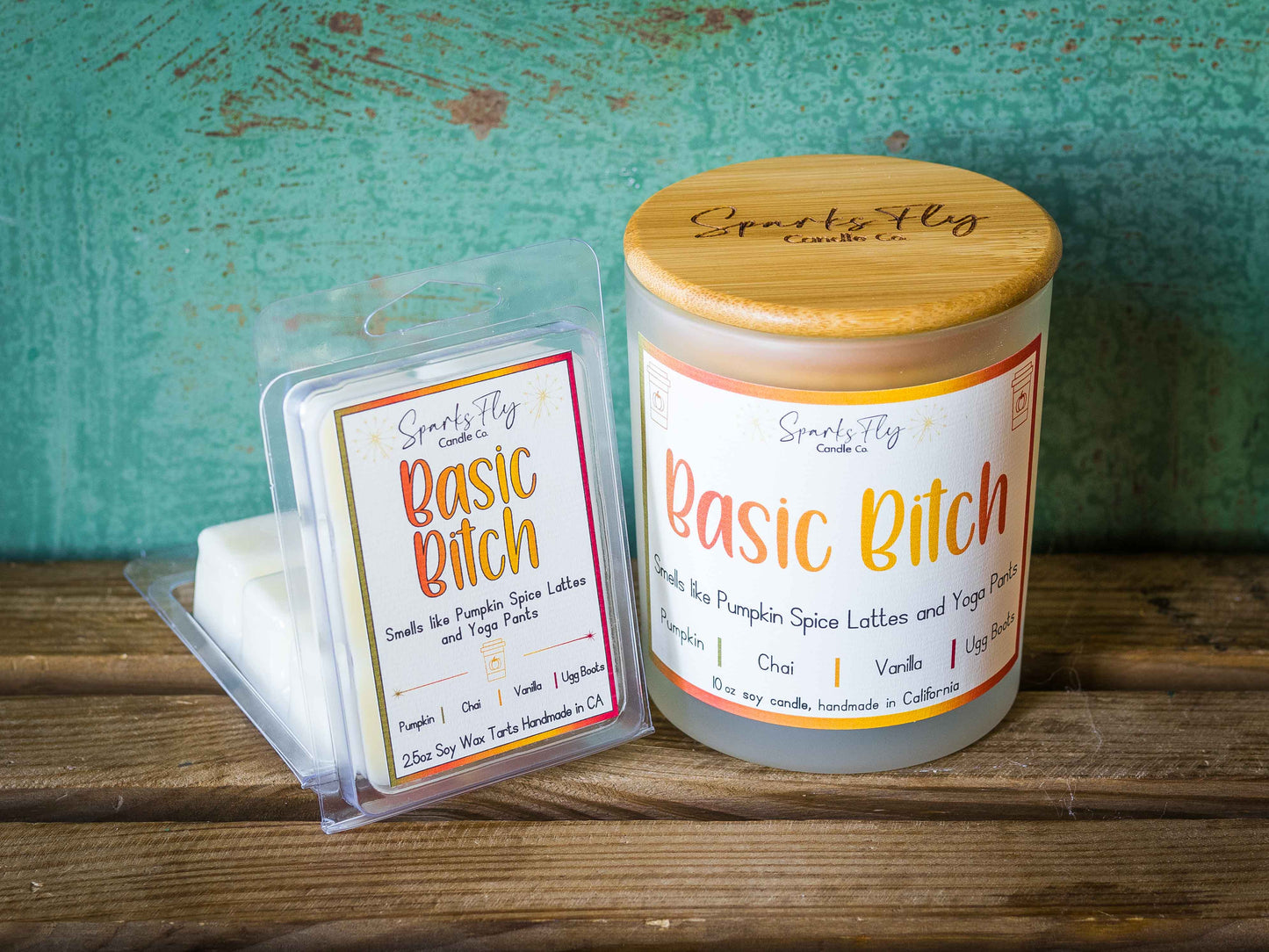 Basic Bitch sassy candle; encapsulating the essence of pumpkin spice lattes and the comfort of yoga pants. satire