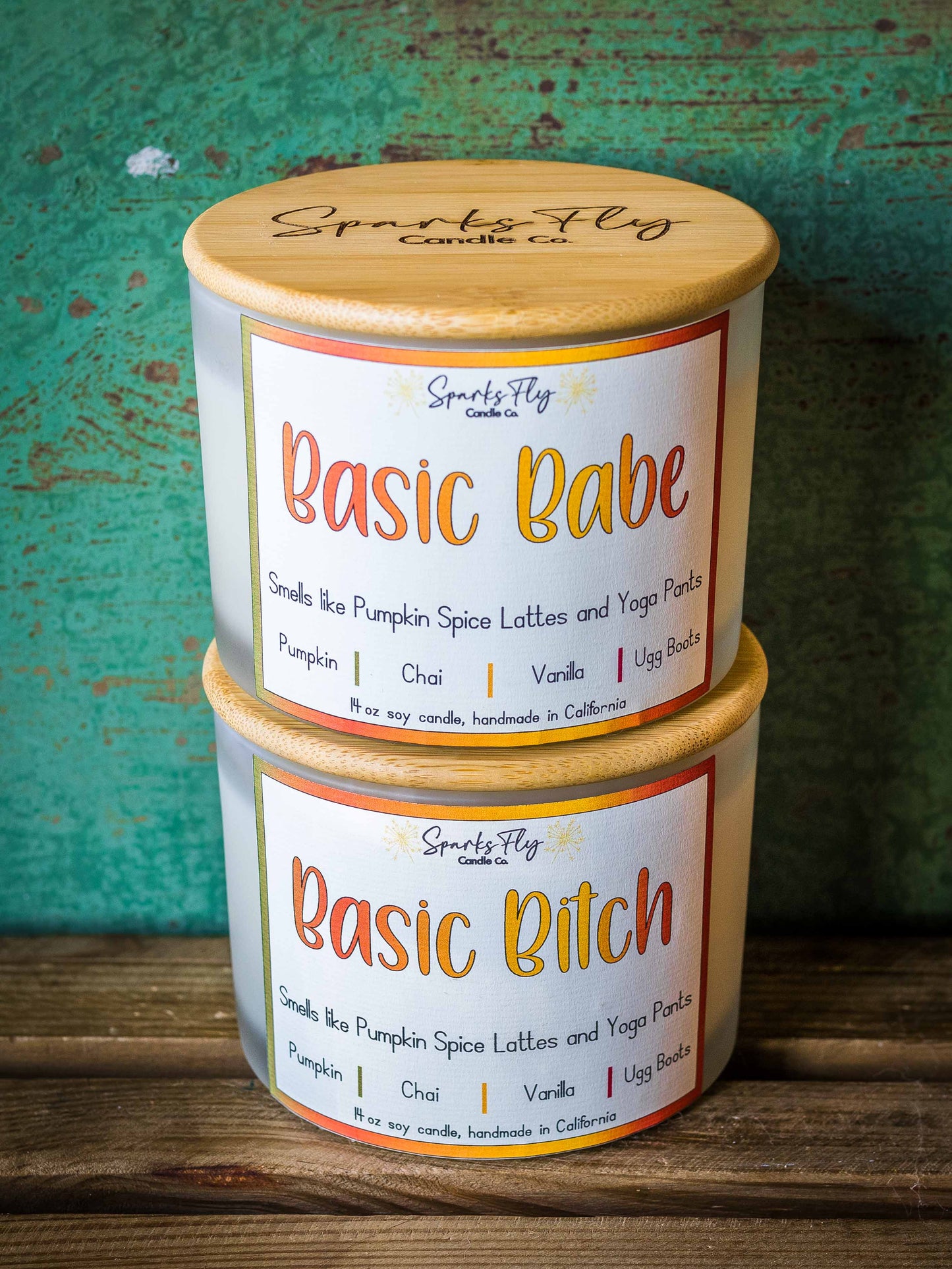 Basic Bitch sassy candle; encapsulating the essence of pumpkin spice lattes and the comfort of yoga pants. satire