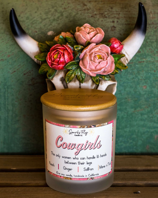 cowgirl soy candle with crackling wooden wick, essential oils