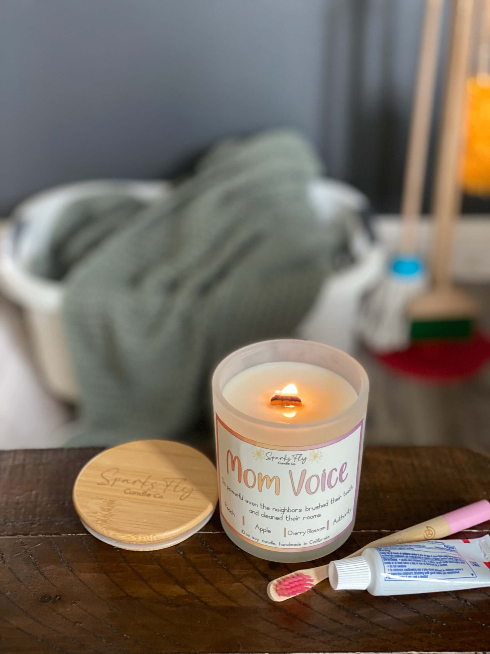 Mom Voice Soy Candle, Crackling Wooden Wick, Essential Oils