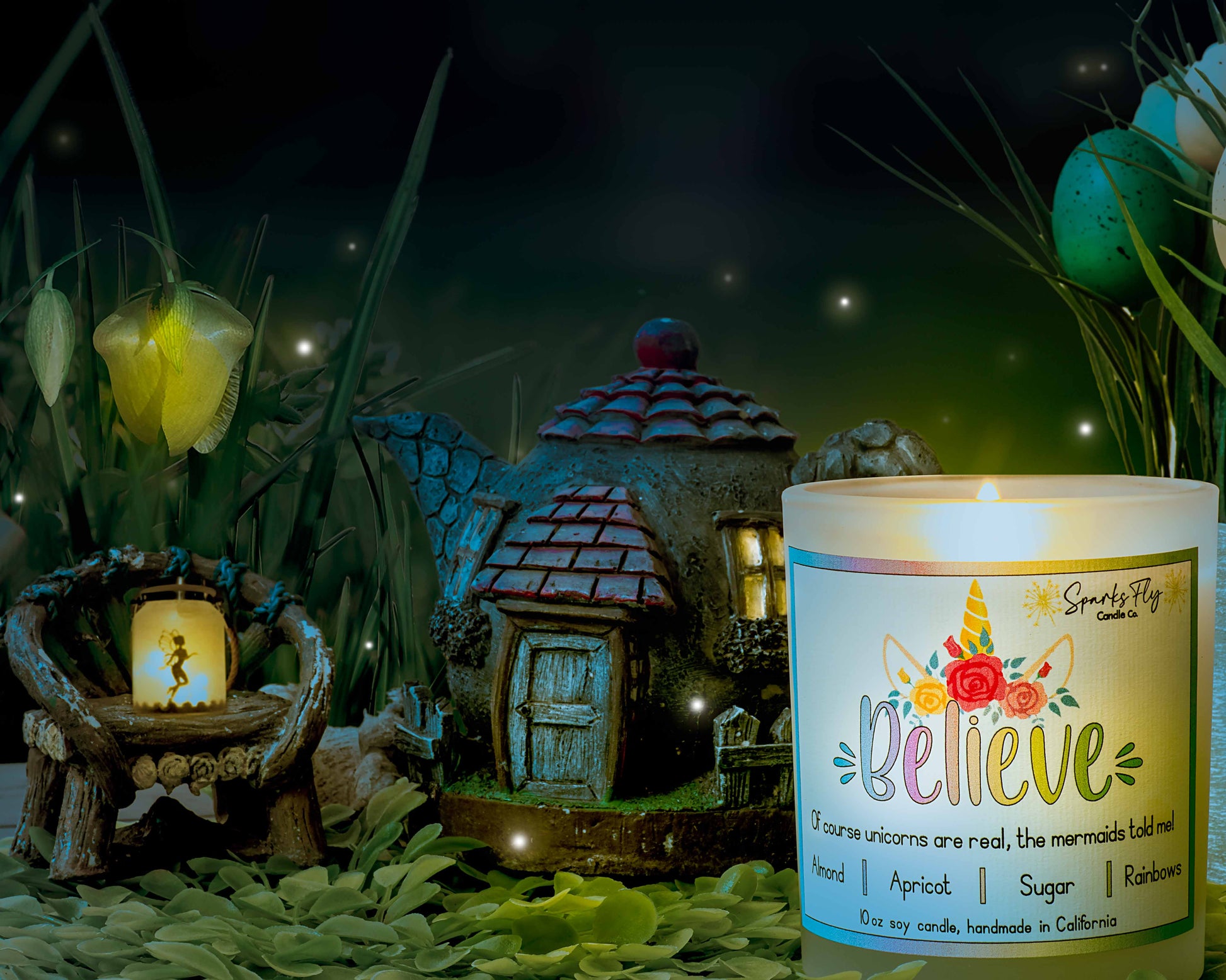 Believe sassy candle; whimsical design with unicorns and mermaid quote