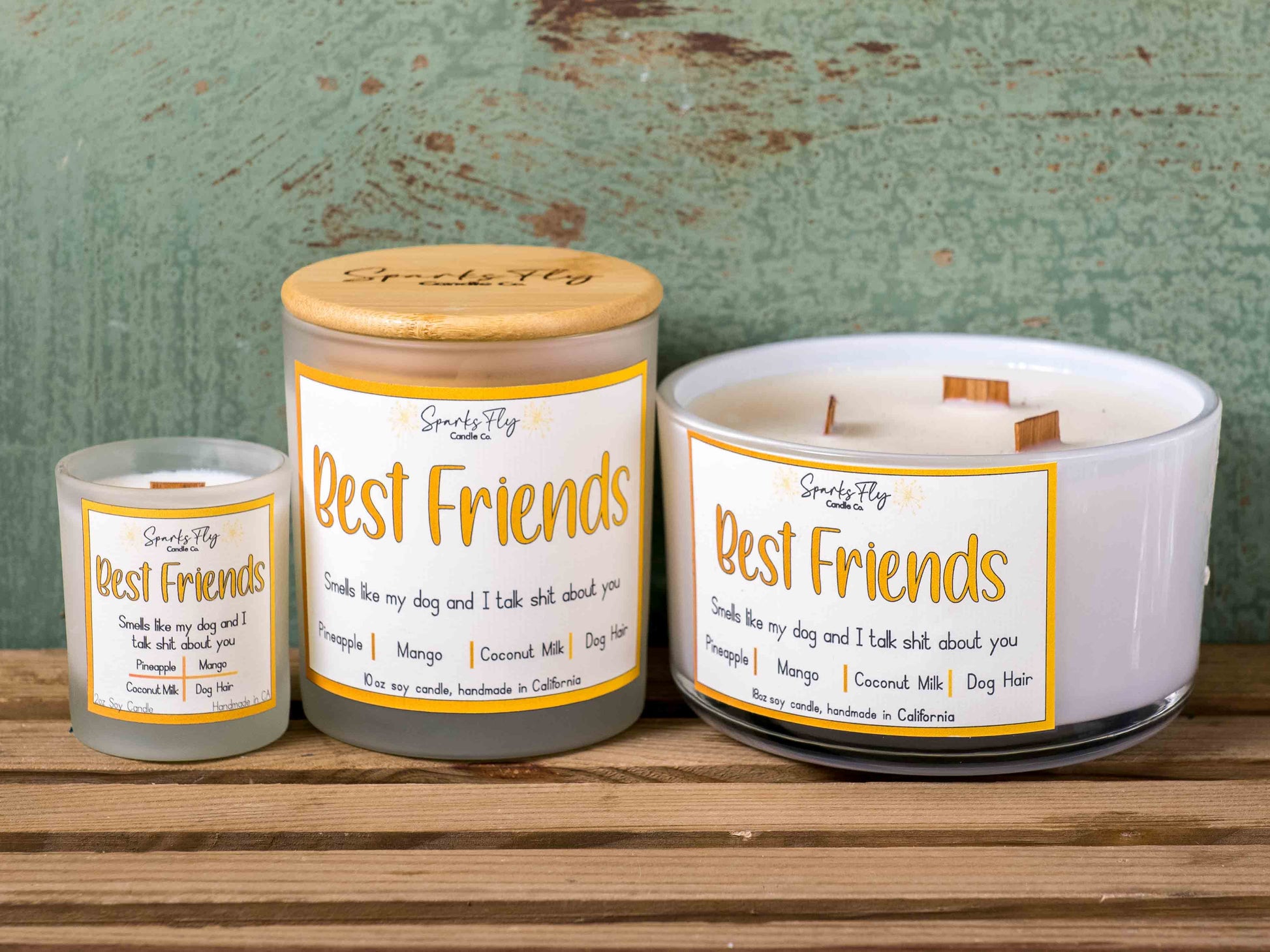 Best Friend sassy candle; playful design hinting at dog-talks with humorous undertone