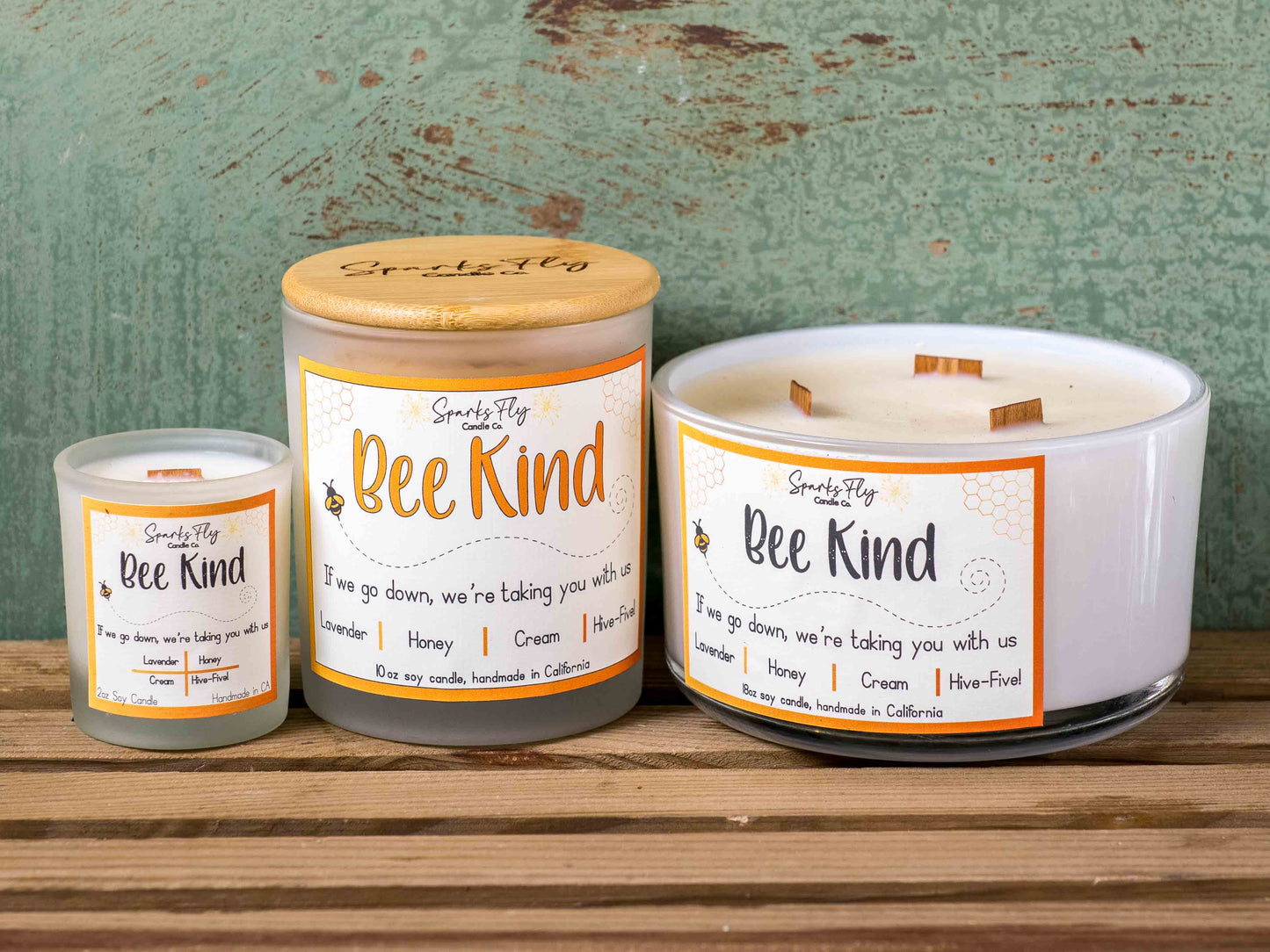 Bee Kind sassy candle; a playful reminder of the bees' importance with a cheeky message. satire