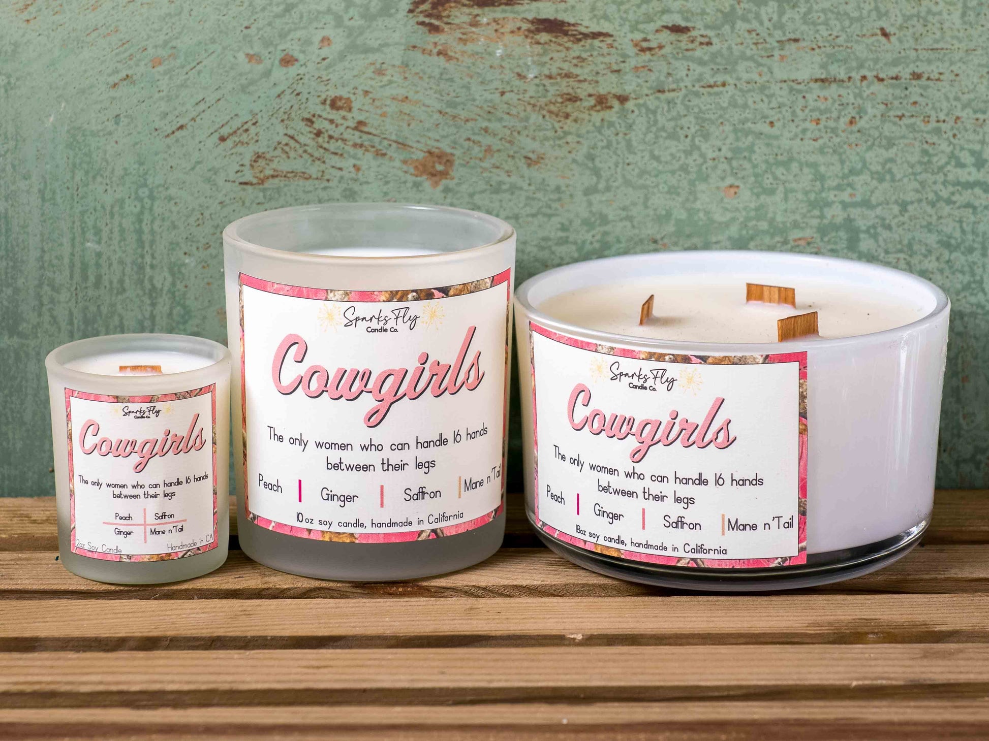 cowgirl soy candle with crackling wooden wick, essential oils the only women who can handle 16 hands between their legs
