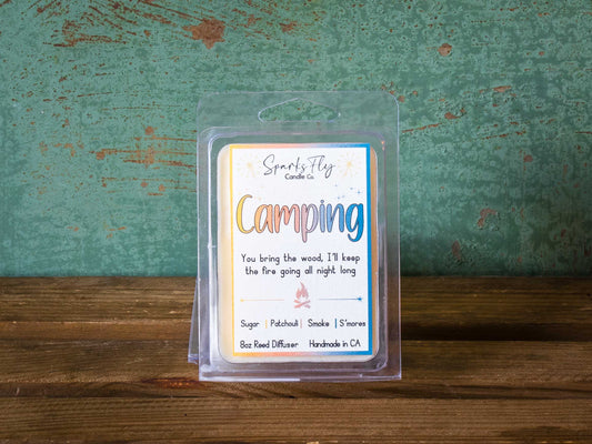 Camping sassy candle; humorous design hinting at campfire warmth and lasting memories